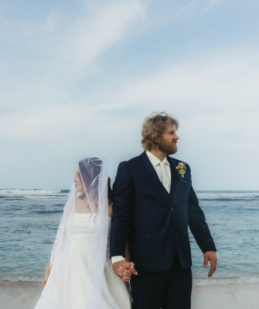 bride and groom on polo beach oahu